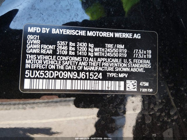 Aukcja sprzedaży 2022 Bmw X3 Xdrive30i, vin: 5UX53DP09N9J61524, numer aukcji: 44812179