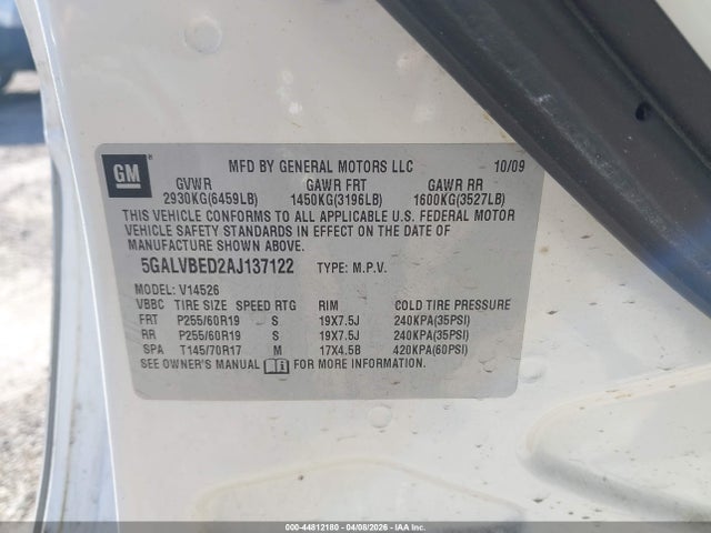 44812180 :رقم المزاد ، 5GALVBED2AJ137122 vin ، 2010 Buick Enclave 1xl مزاد بيع