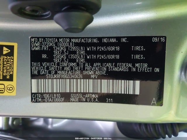 5TDJKRFH9GS340626 Toyota Highlander Xle V6