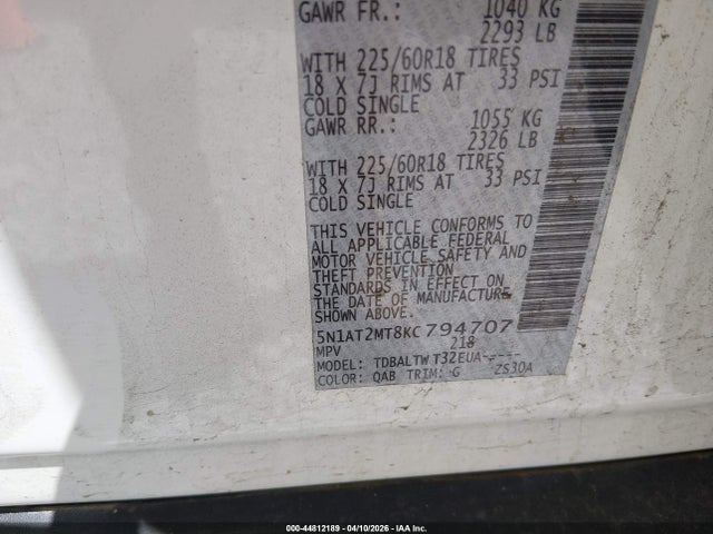 Aukcja sprzedaży 2019 Nissan Rogue Sv, vin: 5N1AT2MT8KC794707, numer aukcji: 44812189