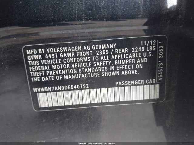 Продажа на аукционе авто 2013 Volkswagen Cc 2.0t R-line, vin: WVWBN7AN9DE540792, номер лота: 44812198