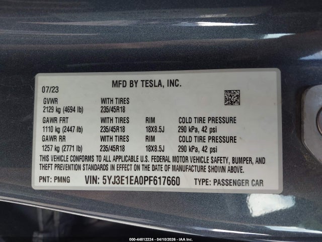 Продажа на аукционе авто 2023 Tesla Model 3 Rear-wheel Drive, vin: 5YJ3E1EA0PF617660, номер лота: 44812224
