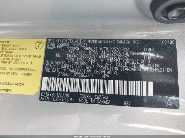 44812237 :رقم المزاد ، 2T2HK31UX7C003354 vin ، 2007 Lexus Rx 350 مزاد بيع