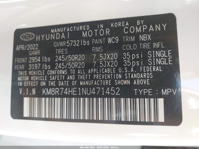 Продажа на аукционе авто 2022 Hyundai Palisade Calligraphy, vin: KM8R74HE1NU471452, номер лота: 44812252
