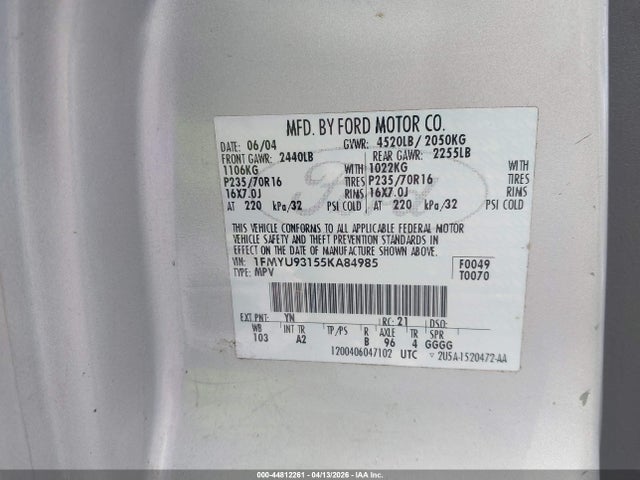 Продаж на аукціоні авто 2005 Ford Escape Xlt, vin: 1FMYU93155KA84985, номер лоту: 44812261