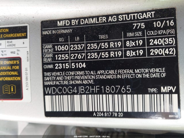 44812266 :رقم المزاد ، WDC0G4JB2HF180765 vin ، 2017 Mercedes-benz Glc 300 مزاد بيع