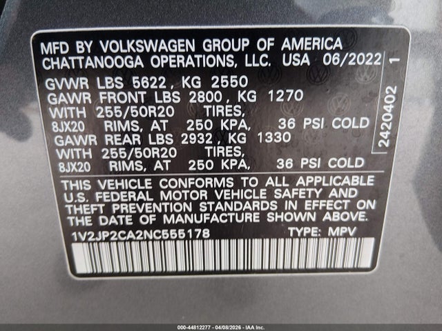 44812277 :رقم المزاد ، 1V2JP2CA2NC555178 vin ، 2022 Volkswagen Atlas 2.0t Se W/technology مزاد بيع