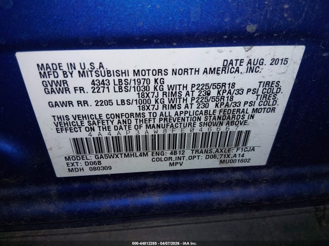 44812285 :رقم المزاد ، 4A4AP3AW8FE046667 vin ، 2015 Mitsubishi Outlander Sport Es مزاد بيع