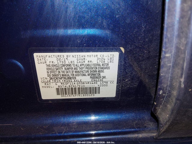 3N1CN7AP7KL850123 Nissan Versa 1.6 Sv