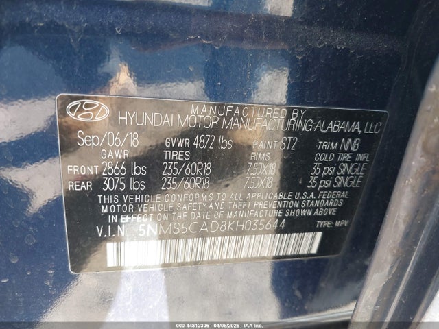44812306 :رقم المزاد ، 5NMS5CAD8KH035644 vin ، 2019 Hyundai Santa Fe Ultimate مزاد بيع