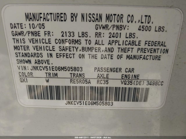 2006 Infiniti G35 მანქანა იყიდება აუქციონზე, vin: JNKCV51E06M505803, აუქციონის ნომერი: 44812311