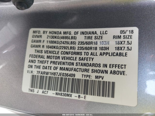 44812315 :رقم المزاد ، 7FARW1H87JE036409 vin ، 2018 Honda Cr-v Ex-l/ex-l Navi مزاد بيع