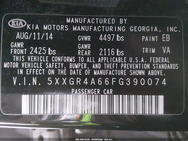 5XXGR4A66FG390074 KIA Optima Sxl Turbo