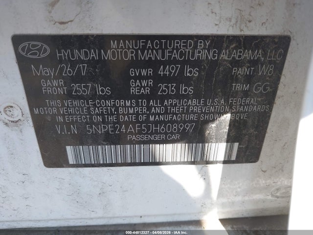 Aukcja sprzedaży 2018 Hyundai Sonata Se, vin: 5NPE24AF5JH608997, numer aukcji: 44812327
