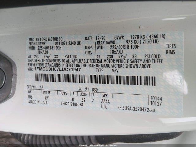 Продажа на аукционе авто 2020 Ford Escape Sel, vin: 1FMCU0H67LUC71947, номер лота: 44812329
