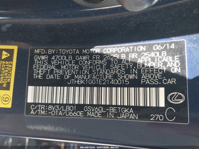 2014 Lexus Es 350 მანქანა იყიდება აუქციონზე, vin: JTHBK1GG1E2140015, აუქციონის ნომერი: 44812330