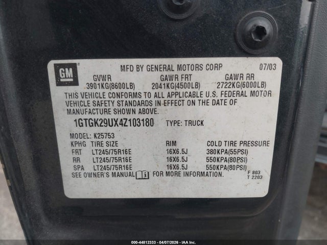 Продаж на аукціоні авто 2004 Gmc Sierra 2500 Sle, vin: 1GTGK29UX4Z103180, номер лоту: 44812333