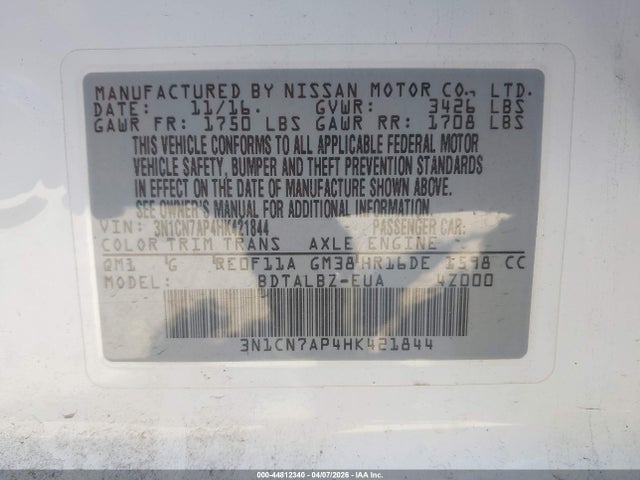 Продаж на аукціоні авто 2017 Nissan Versa 1.6 Sv, vin: 3N1CN7AP4HK421844, номер лоту: 44812340
