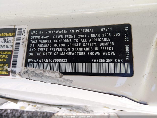 Продаж на аукціоні авто 2012 Volkswagen Eos Executive, vin: WVWFW7AH1CV008623, номер лоту: 44812342