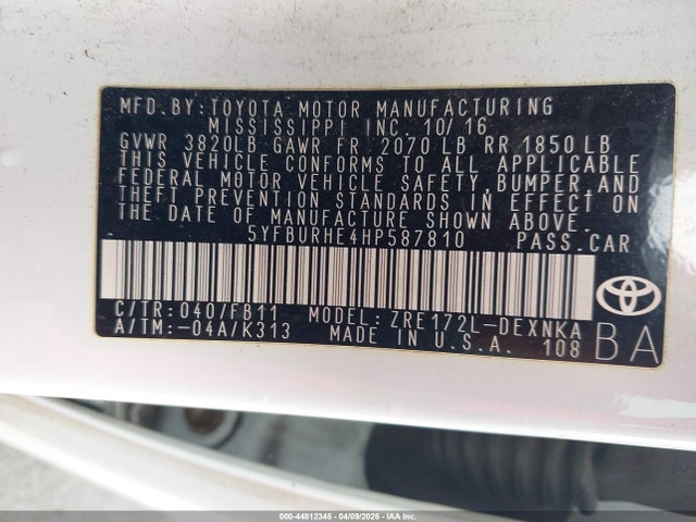 Aukcja sprzedaży 2017 Toyota Corolla Le, vin: 5YFBURHE4HP587810, numer aukcji: 44812345