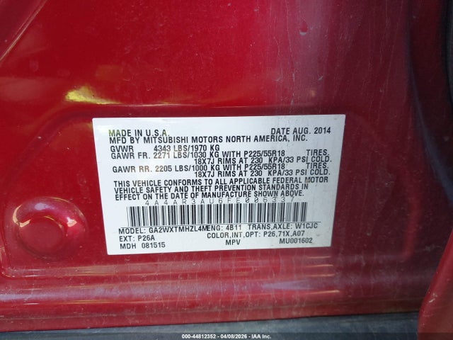 44812352 :رقم المزاد ، 4A4AR3AU6FE006337 vin ، 2015 Mitsubishi Outlander Sport Es مزاد بيع