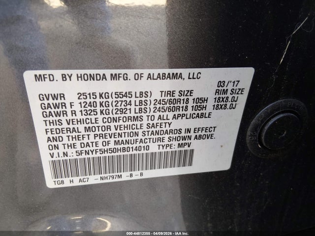 Honda Pilot Ex-l 2017 5FNYF5H50HB014010 Image 9