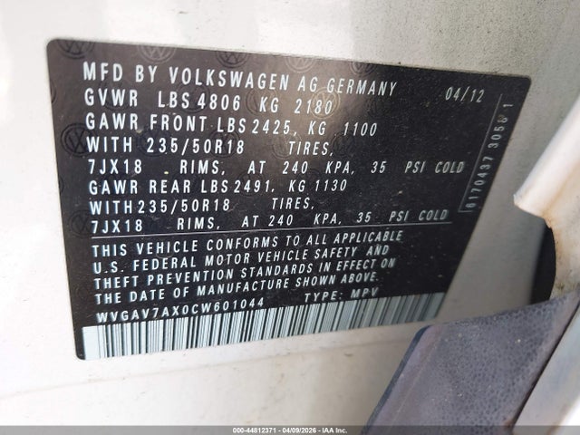 44812371 :رقم المزاد ، WVGAV7AX0CW601044 vin ، 2012 Volkswagen Tiguan Se مزاد بيع