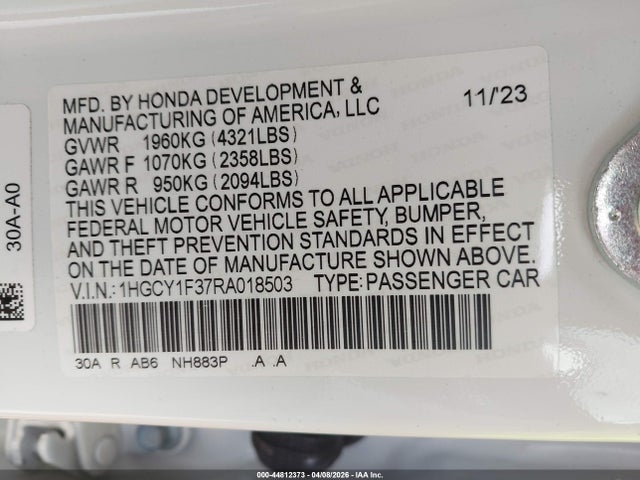 44812373 :رقم المزاد ، 1HGCY1F37RA018503 vin ، 2024 Honda Accord Ex مزاد بيع