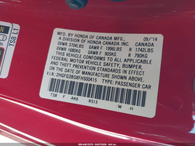 Продажа на аукционе авто 2015 Honda Civic Lx, vin: 2HGFG3B5XFH500415, номер лота: 44812379