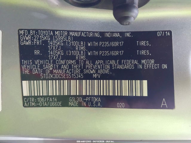 2014 TOYOTA SIENNA 5TDZK3DC5ES515345 Photo 8