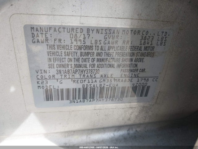 Aukcja sprzedaży 2017 Nissan Sentra S, vin: 3N1AB7AP7HY378730, numer aukcji: 44812385