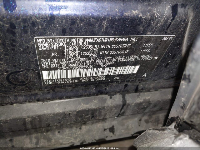 44812390 :رقم المزاد ، 2T3W1RFV0KC023535 vin ، 2019 Toyota Rav4 Xle مزاد بيع