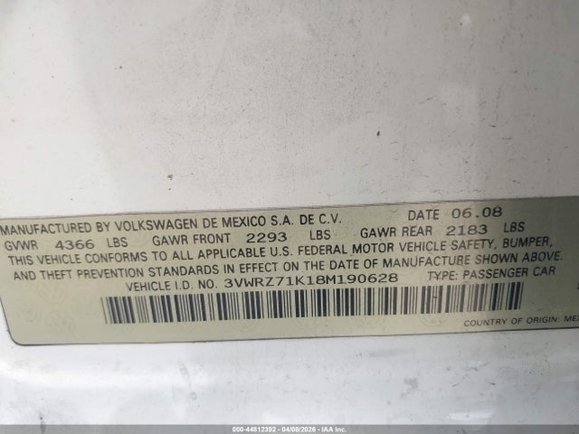 Продажа на аукционе авто 2008 Volkswagen Jetta Se/sel, vin: 3VWRZ71K18M190628, номер лота: 44812392
