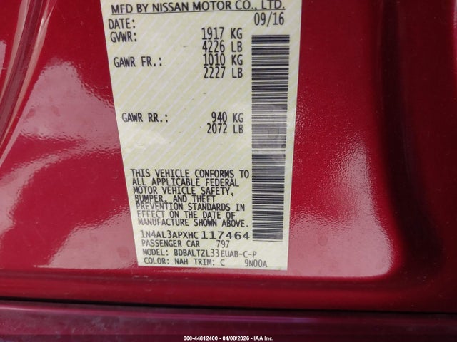 Продажа на аукционе авто 2017 Nissan Altima 2.5 Sl, vin: 1N4AL3APXHC117464, номер лота: 44812400