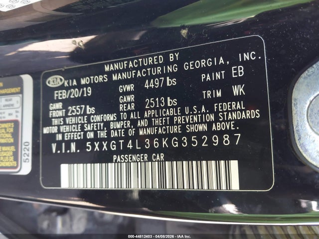 44812403 :رقم المزاد ، 5XXGT4L36KG352987 vin ، 2019 Kia Optima Lx مزاد بيع