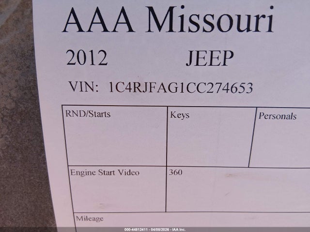 44812411 :رقم المزاد ، 1C4RJFAG1CC274653 vin ، 2012 Jeep Grand Cherokee Laredo مزاد بيع