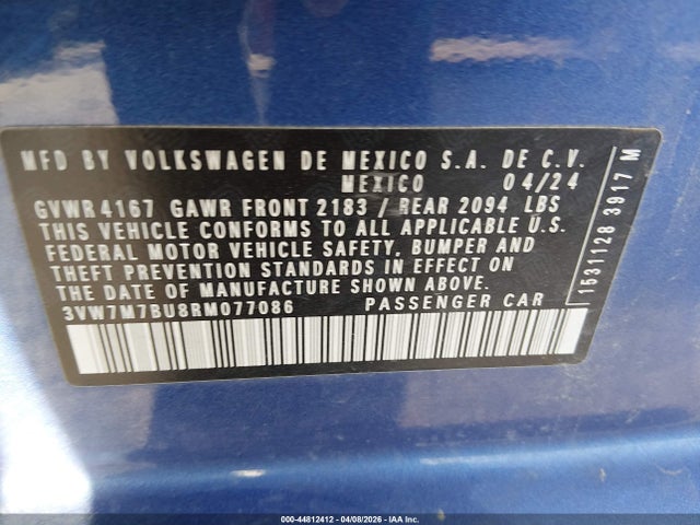 Продажа на аукционе авто 2024 Volkswagen Jetta 1.5t Se, vin: 3VW7M7BU8RM077086, номер лота: 44812412