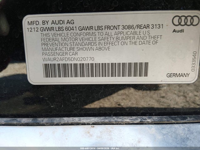 44812414 :رقم المزاد ، WAUR2AFD5DN020770 vin ، 2013 Audi A8 L 4.0t مزاد بيع