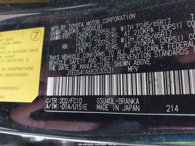 2008 TOYOTA HIGHLANDER JTEDS41A682030531 Photo 8