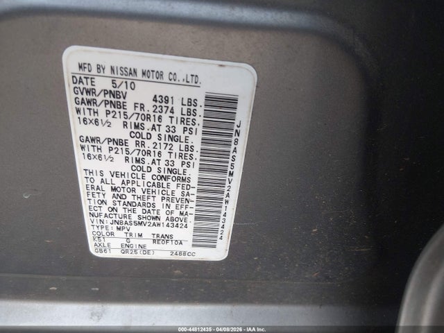 44812435 :رقم المزاد ، JN8AS5MV2AW143424 vin ، 2010 Nissan Rogue S مزاد بيع