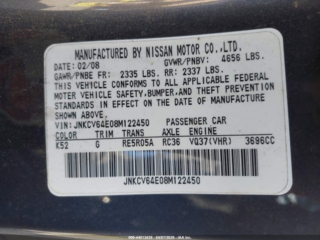 Aukcja sprzedaży 2008 Infiniti G37 Journey, vin: JNKCV64E08M122450, numer aukcji: 44812438