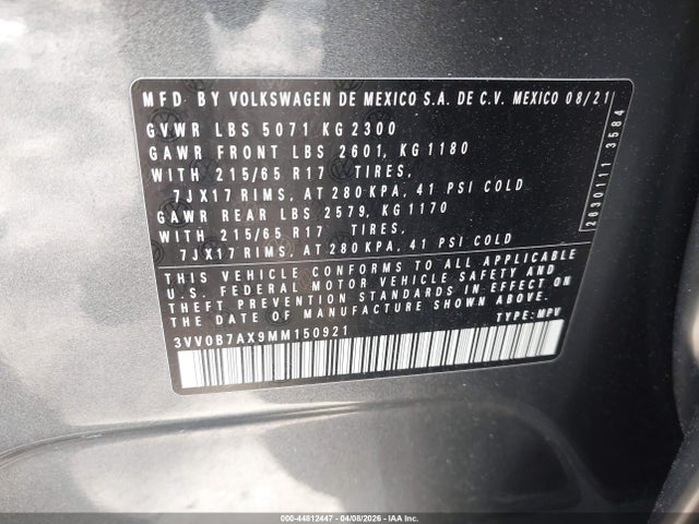 2021 Volkswagen Tiguan 2.0t S მანქანა იყიდება აუქციონზე, vin: 3VV0B7AX9MM150921, აუქციონის ნომერი: 44812447