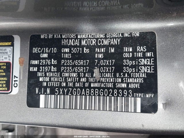 44812449 :رقم المزاد ، 5XYZGDAB8BG028393 vin ، 2011 Hyundai Santa Fe Gls مزاد بيع