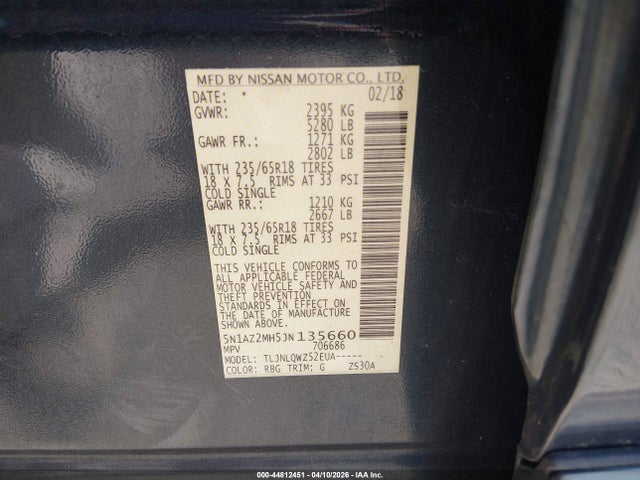 Aukcja sprzedaży 2018 Nissan Murano Sv, vin: 5N1AZ2MH5JN135660, numer aukcji: 44812451