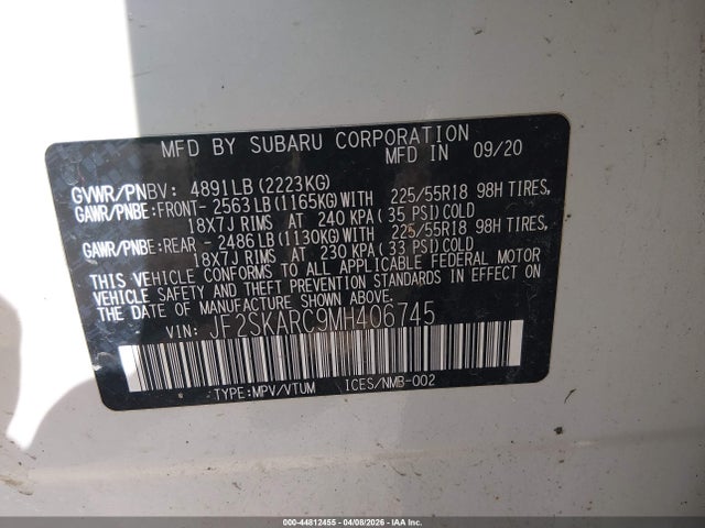 2021 Subaru Forester Sport მანქანა იყიდება აუქციონზე, vin: JF2SKARC9MH406745, აუქციონის ნომერი: 44812455