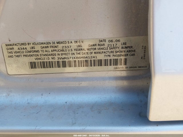 44812461 :رقم المزاد ، 3VWRG71K86M841241 vin ، 2006 Volkswagen Jetta 2.5 مزاد بيع