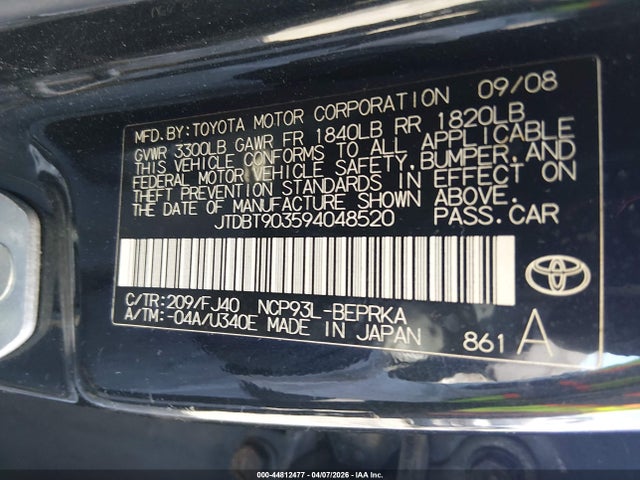 Продажа на аукционе авто 2009 Toyota Yaris, vin: JTDBT903594048520, номер лота: 44812477