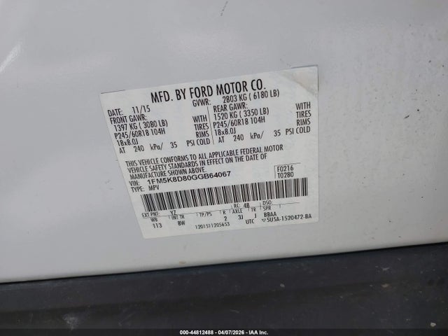 Aukcja sprzedaży 2016 Ford Explorer Xlt, vin: 1FM5K8D80GGB64067, numer aukcji: 44812488