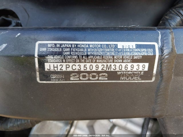 Продажа на аукционе авто 2002 Honda Cbr600 F4, vin: JH2PC35092M306939, номер лота: 44812496