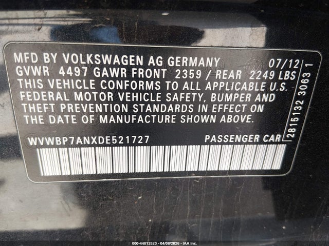 Продаж на аукціоні авто 2013 Volkswagen Cc 2.0t Sport, vin: WVWBP7ANXDE521727, номер лоту: 44812520
